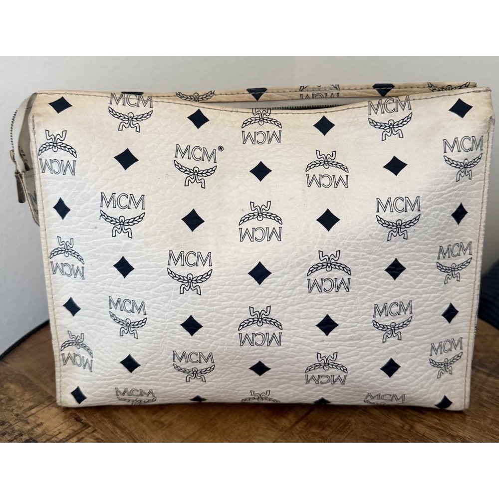 VTG MCM Visetos WHITE Pouch Clutch Cosmetic Toiletry Bag
